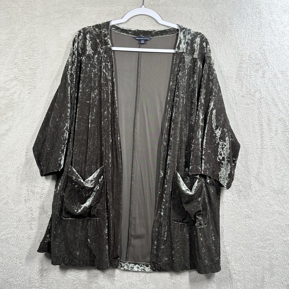 American Eagle Crushed Velvet Open Front‎ Cardigan Sz M Green Forest Whimsigoth